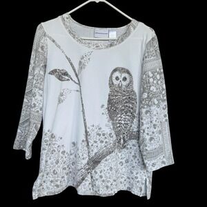 Alfred Dunner Shirt Womens Medium White Floral Owl Rhinestone 3/4 Sleeve Top